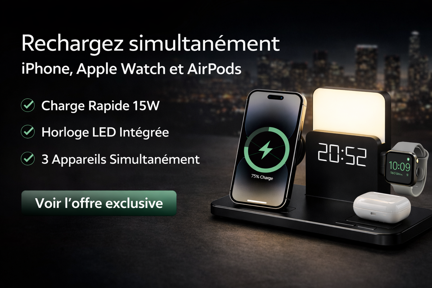 Station de charge sans fil Smart Connect Pro pour iPhone Apple Watch et AirPods avec horloge LED et charge rapide 15W