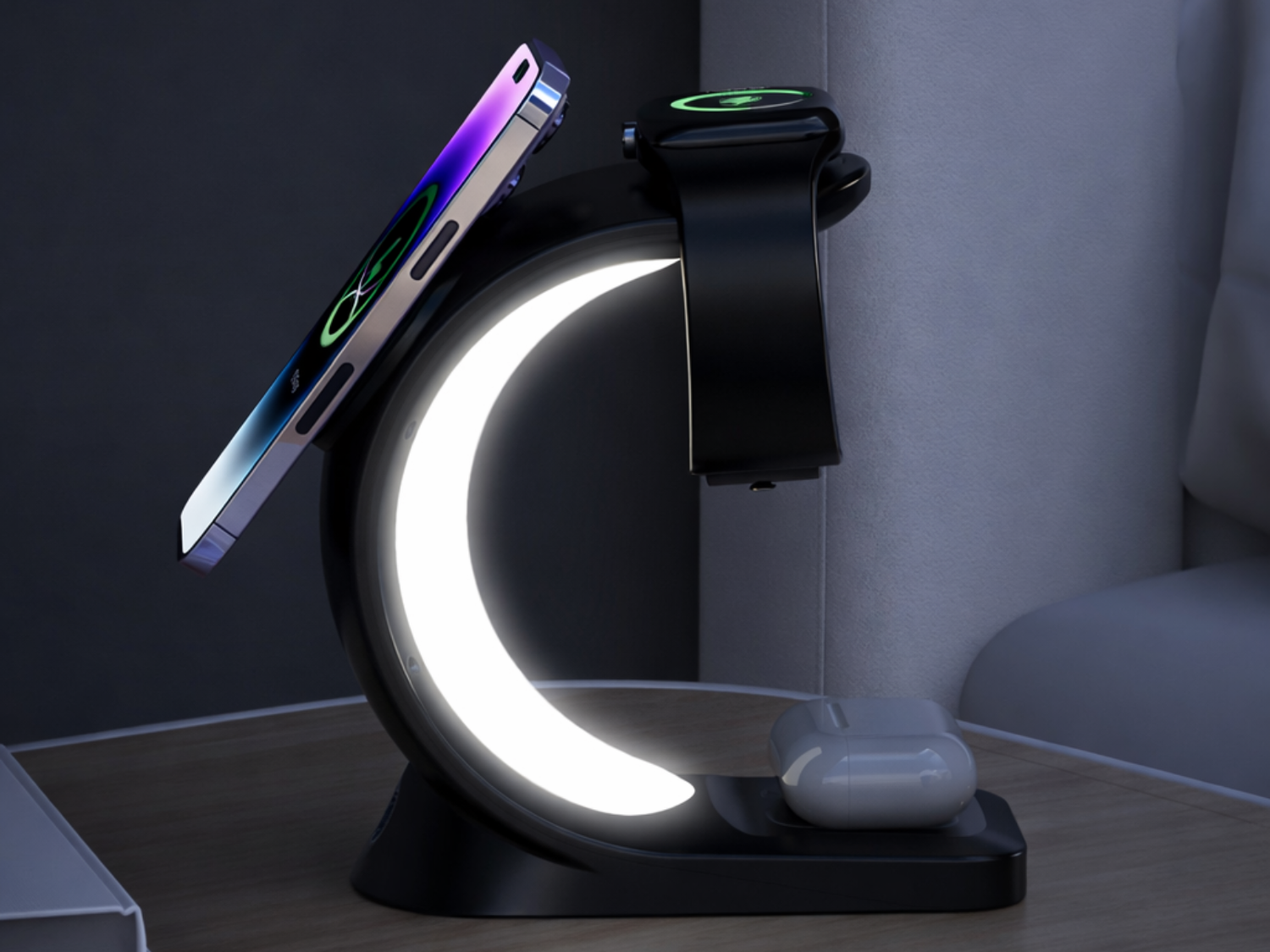 Station Smart Connect avec éclairage LED utilisée sur bureau moderne