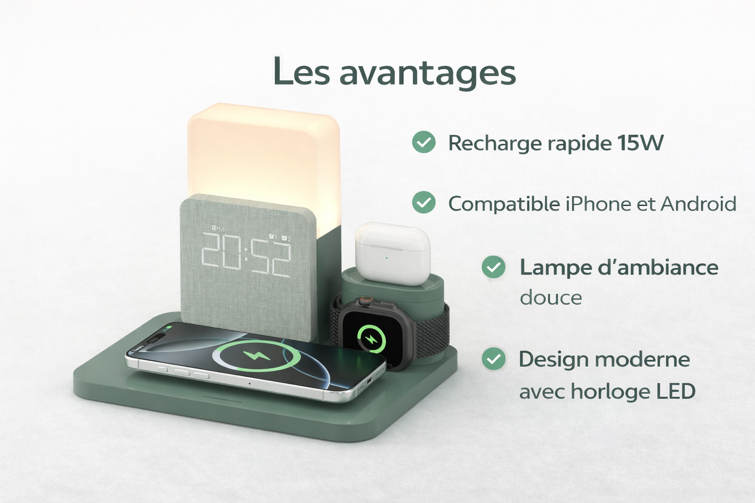 Avantages de la station de charge sans fil 3-en-1 Smart Connect avec horloge LED, lampe d’ambiance et recharge rapide pour iPhone, Apple Watch et AirPods