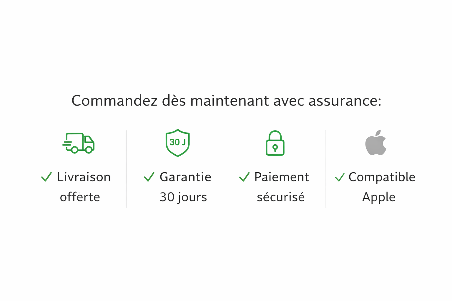 Bande de confiance Smart Connect avec icônes livraison offerte, garantie 30 jours, paiement sécurisé et compatibilité Apple