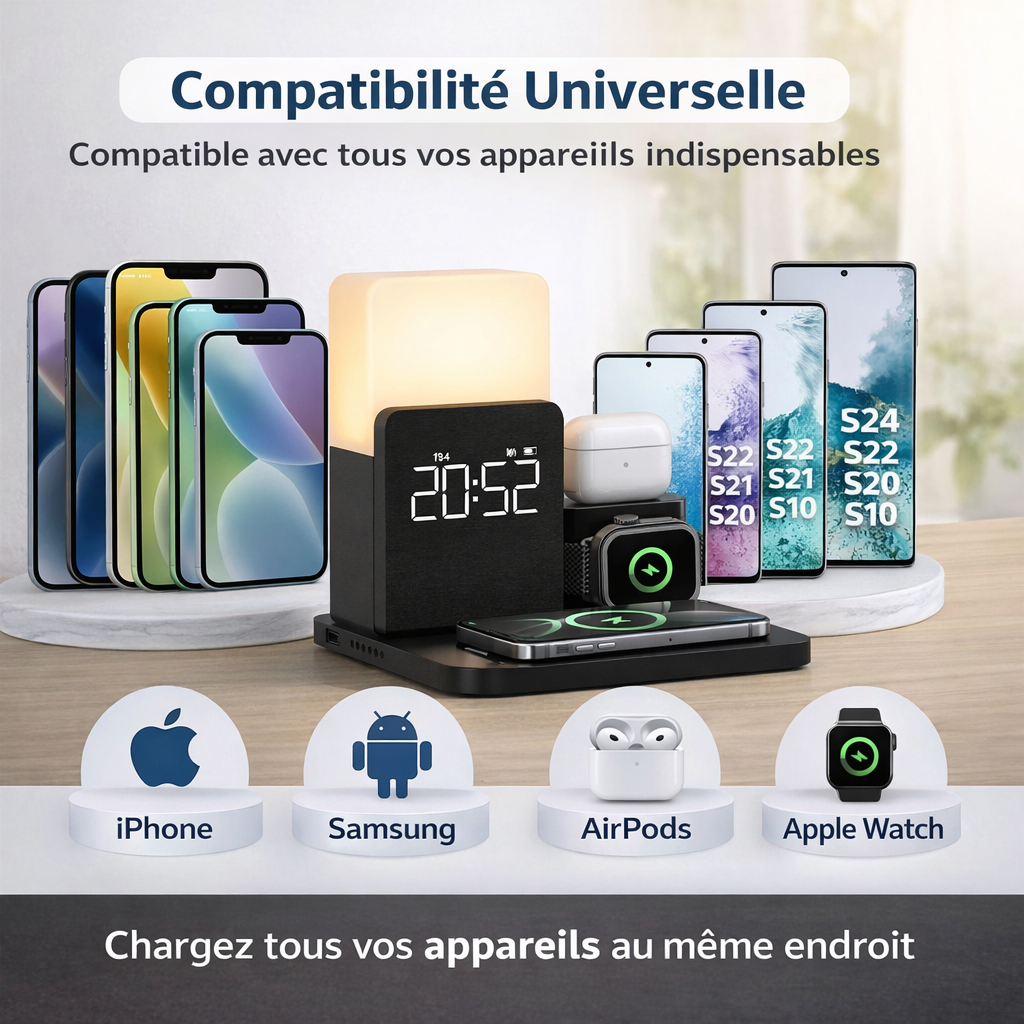 Station de charge sans fil 3-en-1 compatible iPhone, Samsung, AirPods et Apple Watch