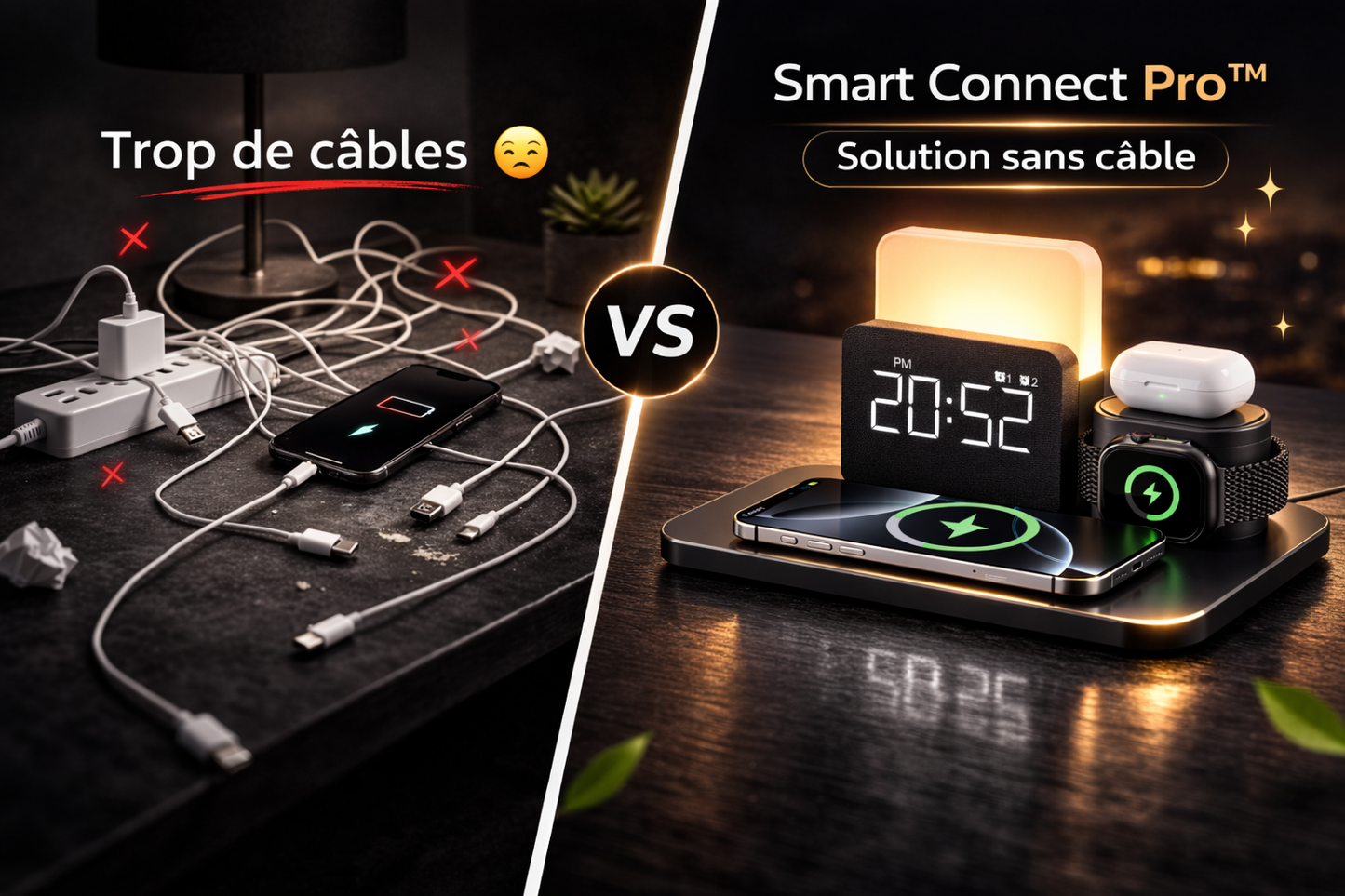 Station de charge 3-en-1 Smart Connect Pro sans câble comparée à une recharge classique avec câbles encombrants