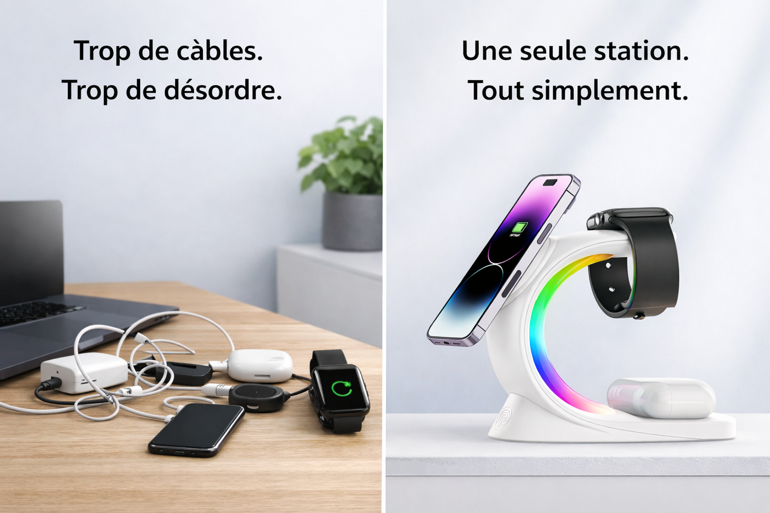 Comparatif chargeurs classiques vs station Smart Connect blanche chargeur magnétique RGB bureau propre