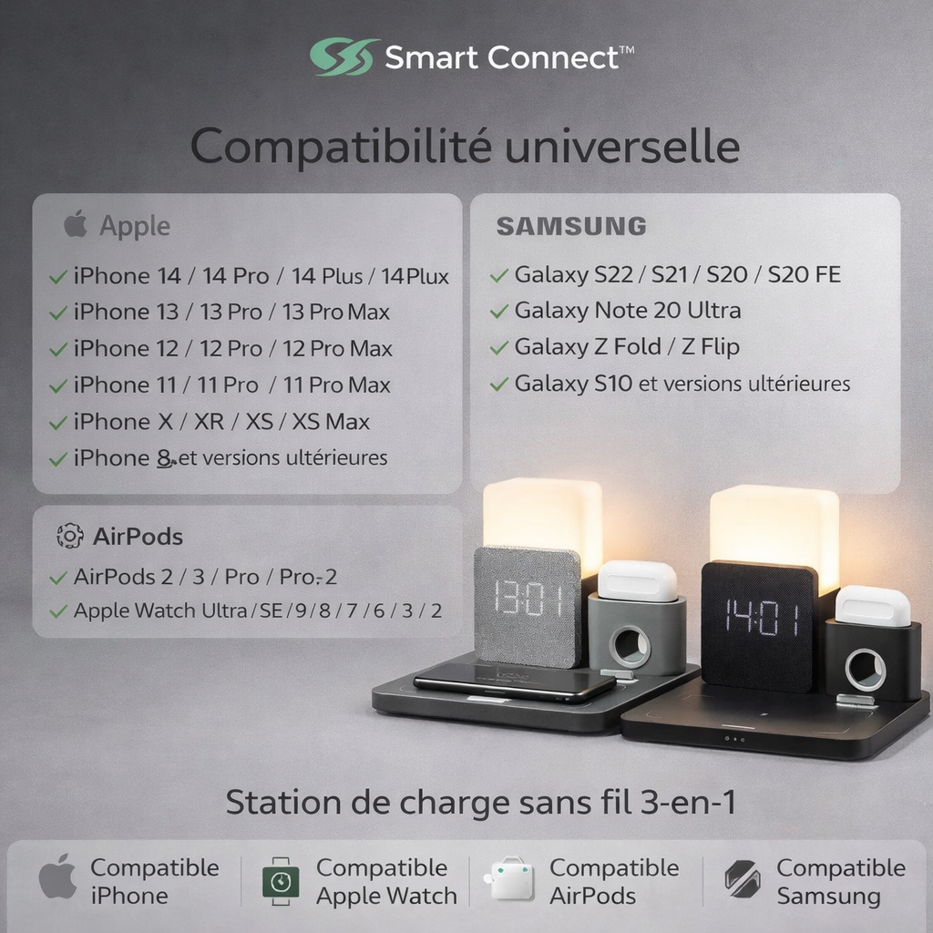 Station de charge sans fil Smart Connect 3-en-1 compatible iPhone, Apple Watch, AirPods et Samsung Galaxy avec horloge LED et lampe intégrée