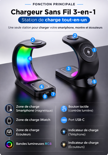 Station de Charge Magnétique 4-en-1 RGB Sans Fil