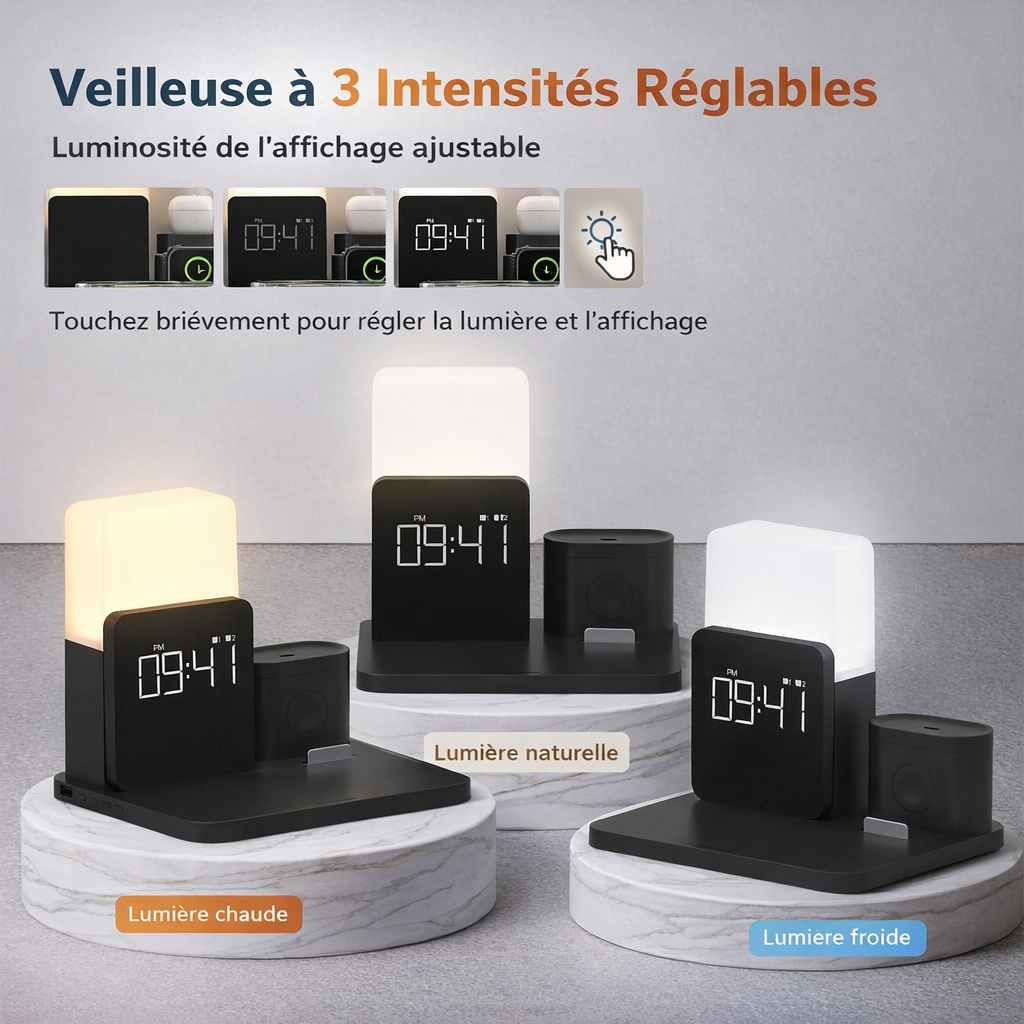 Station de charge sans fil avec réveil LED et lampe de chevet réglable en lumière chaude, naturelle et froide