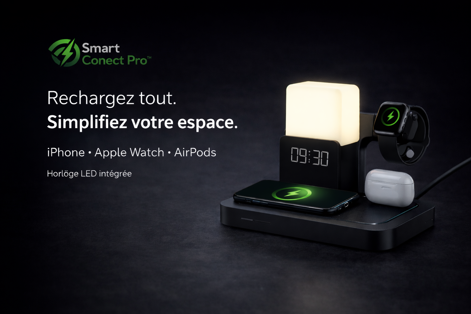 Station de charge sans fil Smart Conect Pro avec horloge LED et lampe cube, design premium noir sur fond sombre
