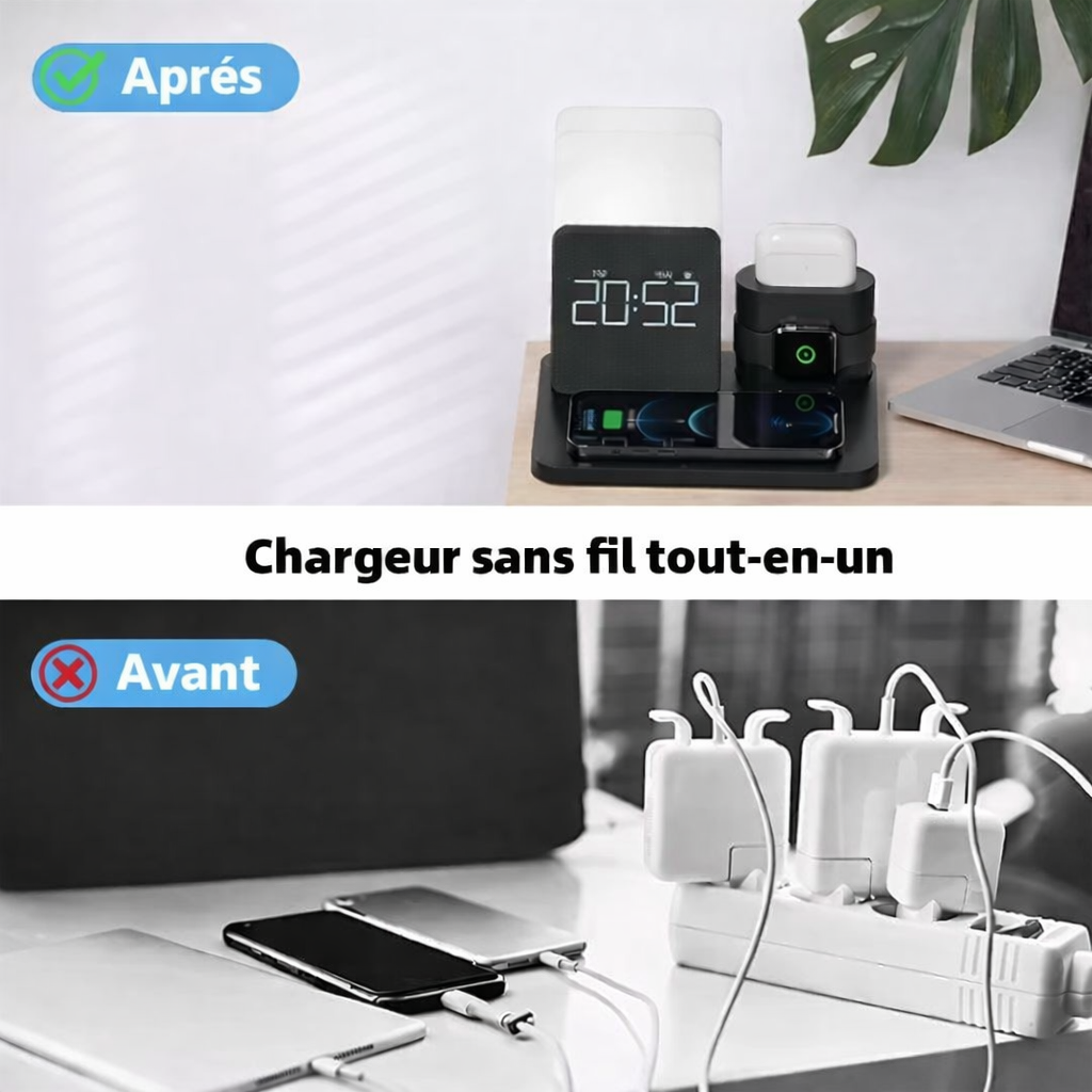 Comparaison avant après du chargeur sans fil 3-en-1 Smart Connect montrant un bureau organisé sans câbles avec station de charge et un bureau encombré avec multiprises et fils