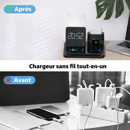 Comparaison avant après du chargeur sans fil 3-en-1 Smart Connect montrant un bureau organisé sans câbles avec station de charge et un bureau encombré avec multiprises et fils