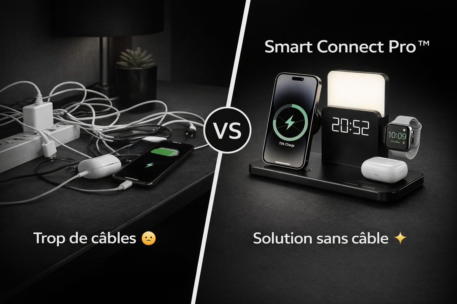 Comparaison entre câbles emmêlés et la station de charge sans fil Smart Connect Pro rechargeant iPhone, Apple Watch et AirPods sur un bureau moderne