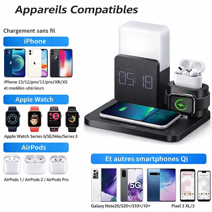 Station de charge Smart Connect Pro 3-en-1 compatible iPhone, Apple Watch, AirPods et smartphones Qi, avec horloge LED et lampe veilleuse intégrée.