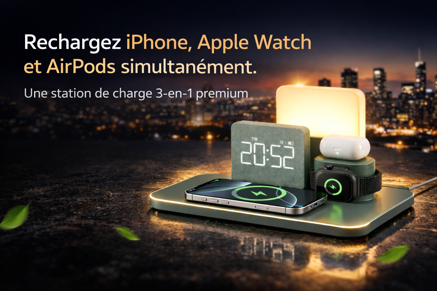 Station de charge sans fil 3-en-1 Smart Connect Pro rechargeant iPhone, Apple Watch et AirPods simultanément avec horloge LED et lampe d’ambiance sur fond ville de nuit