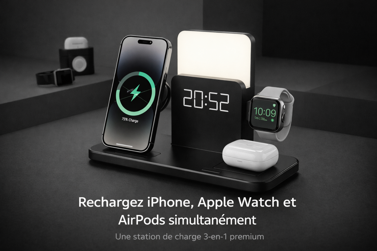 Station de charge sans fil 3-en-1 Smart Connect Pro noir avec horloge LED, recharge rapide 15W compatible iPhone et Android, lampe d’ambiance et support Apple Watch et AirPods