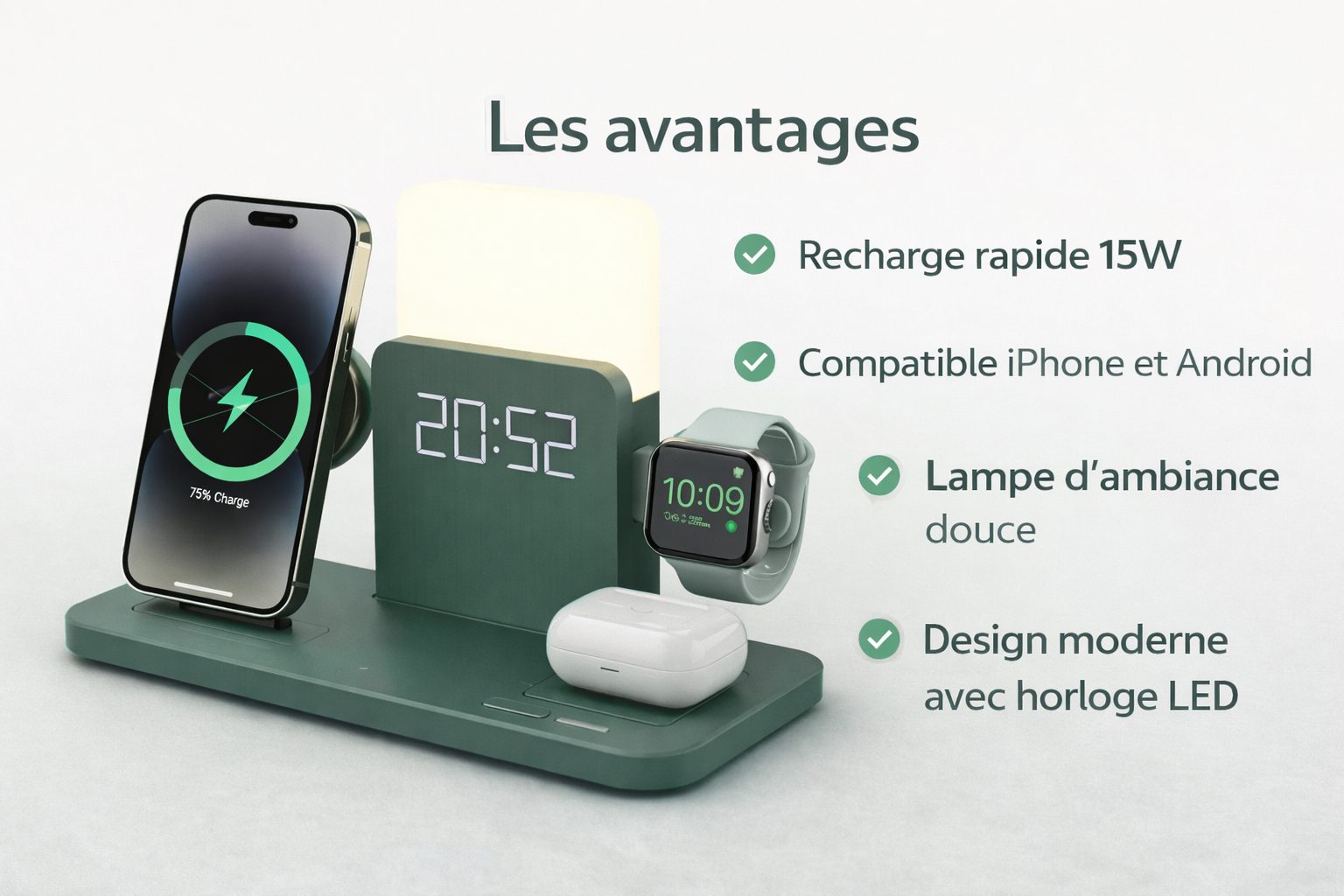 Station de charge sans fil 3-en-1 Smart Connect Pro verte avec horloge LED, recharge rapide 15W compatible iPhone et Android, lampe d’ambiance et support Apple Watch et AirPods