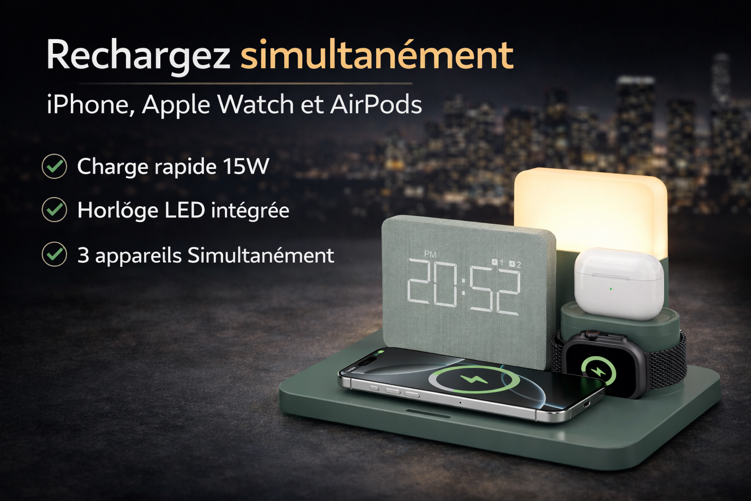 Station de charge sans fil 3-en-1 Smart Connect avec horloge LED et lampe d’ambiance rechargeant iPhone, Apple Watch et AirPods sur fond ville de nuit