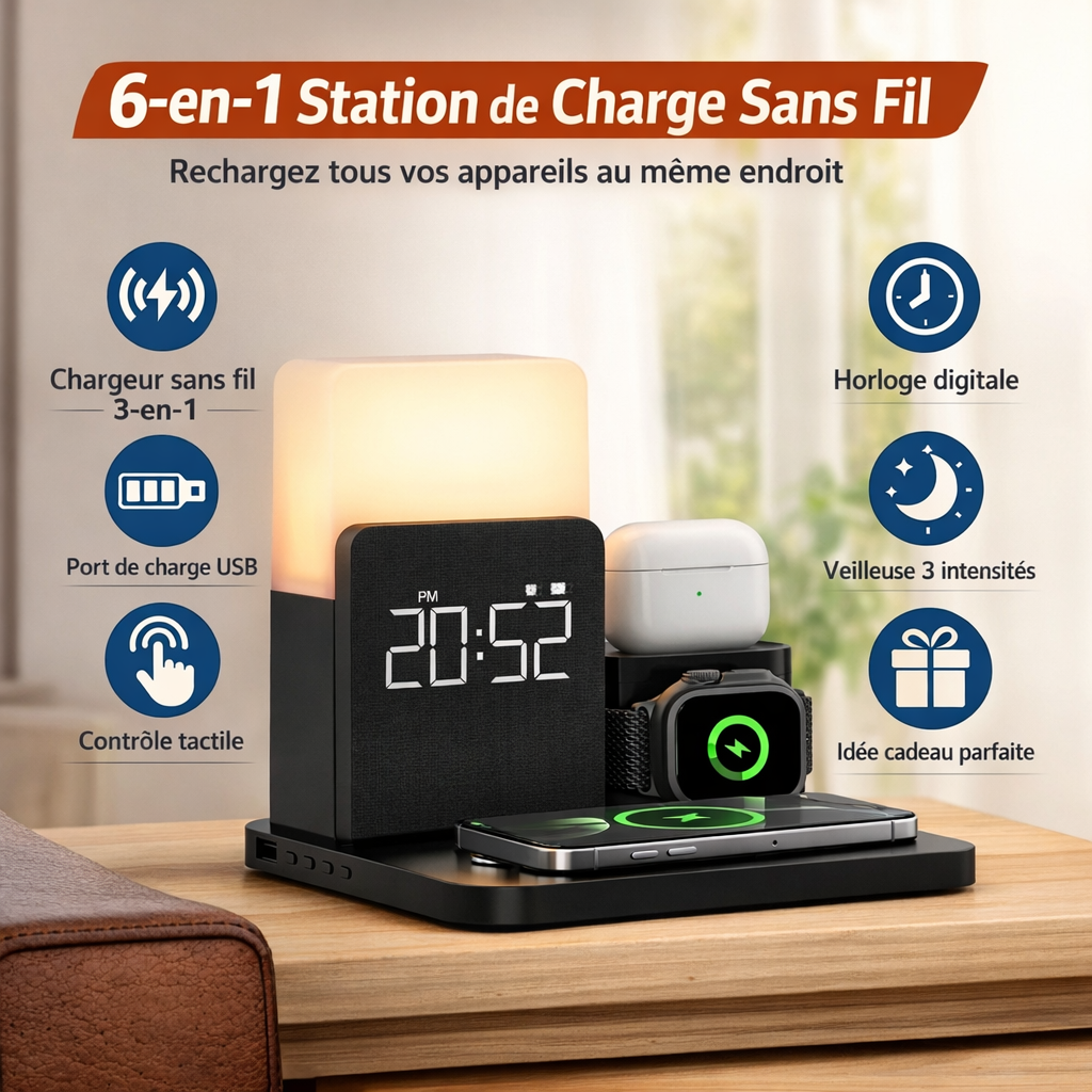 Station de charge sans fil 3-en-1 avec horloge LED et veilleuse pour smartphone, montre connectée et écouteurs