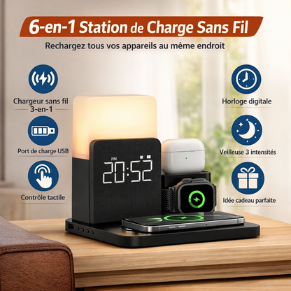 Station de charge sans fil 3-en-1 avec horloge LED et veilleuse pour smartphone, montre connectée et écouteurs