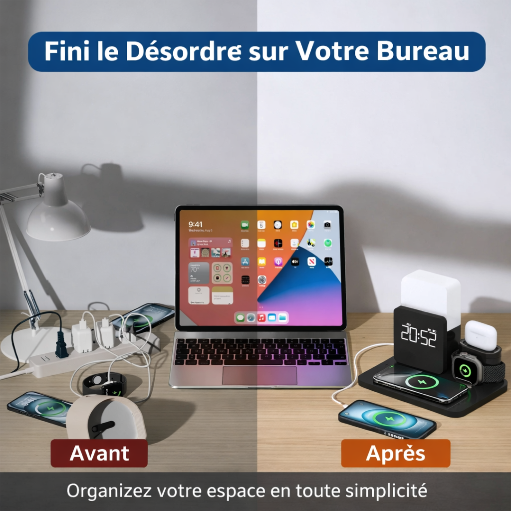 Station de charge sans fil 3-en-1 permettant d’organiser un bureau et de charger téléphone, montre et écouteurs
