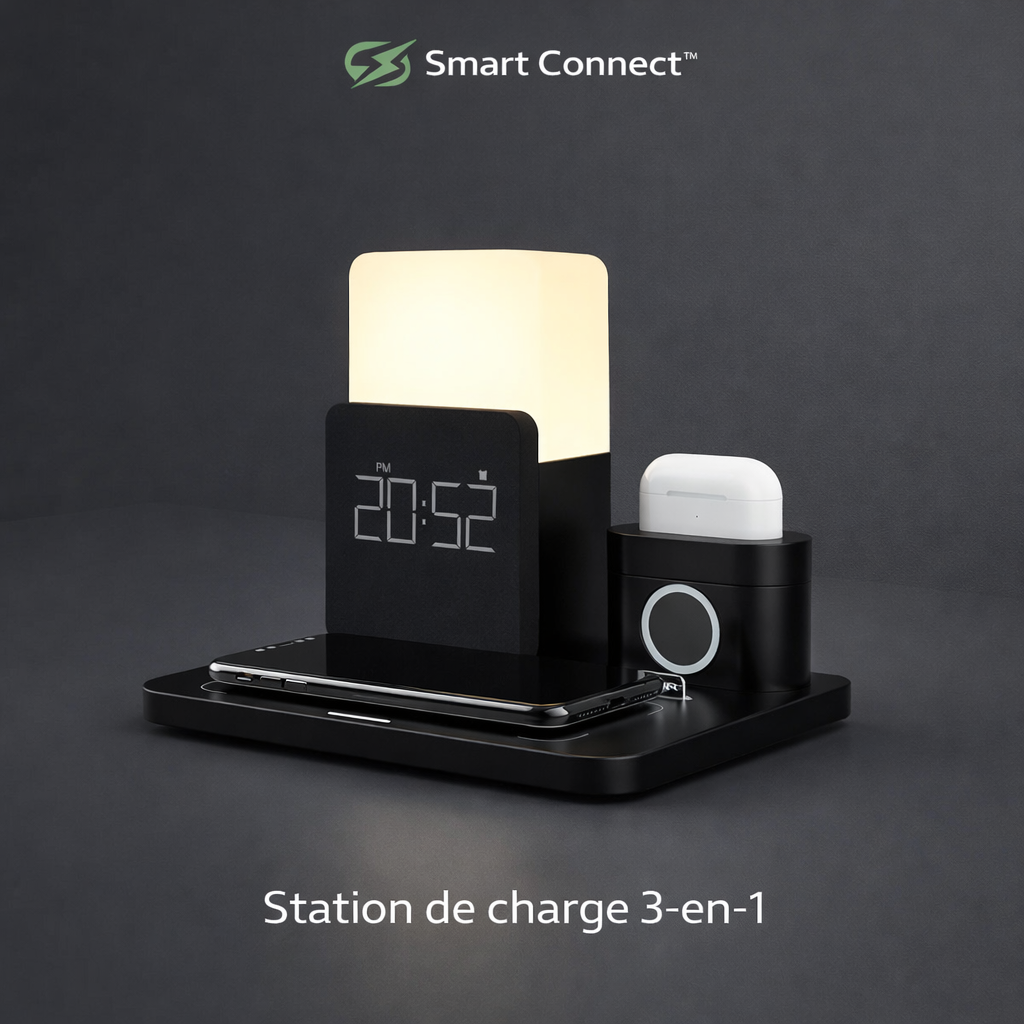 Station de charge Smart Connect 3-en-1 avec horloge LED, charge sans fil pour iPhone, Apple Watch et AirPods, design premium noir