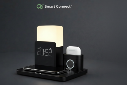 Station de charge Smart Connect 3-en-1 avec horloge LED, charge sans fil pour iPhone, Apple Watch et AirPods, design premium noir