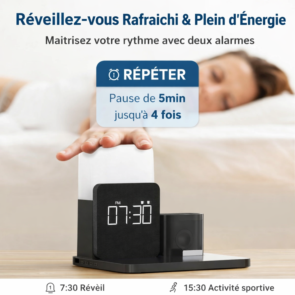 Station réveil avec chargeur sans fil 3-en-1 et double alarme pour charger téléphone, montre connectée et écouteurs