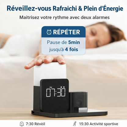 Station réveil avec chargeur sans fil 3-en-1 et double alarme pour charger téléphone, montre connectée et écouteurs